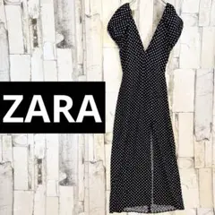 美品 ZARA リネンブレンドポルカドットミディワンピース 背中あき XS 黒