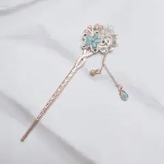 新品 かんざし 簪 髪挿し 髪留め 髪飾り 花 フラワー ブルー メッキ 合金