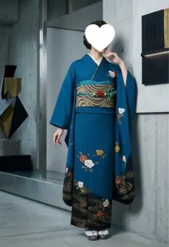 正絹 振袖フルセット 深青緑 椿文様 モダン 逸品 振袖一式 シンプル振袖
