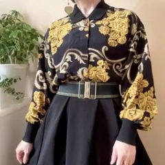 ヴィンテージ 昭和レトロ 花柄 バラ シャツブラウス 日本製 一点物 黒 金