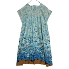 Vette スクエアネック 花柄グラデーションワンピース　水色　LL