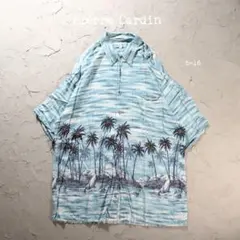 Pierre Cardin アロハシャツ　夏空色　ヤシの木　ヨット　レーヨンのサムネイル