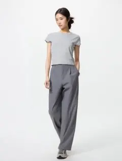 【美品】ユニクロ グレー タックワイドパンツ 丈長め Mサイズ