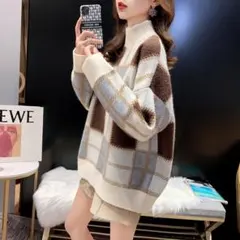 ✨新品✨モックネック チェック ニット セーター トップス ハイネック ホワイト
