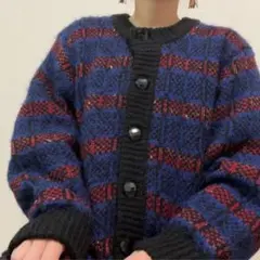 青×赤系 厚手 レトロ ボーダー ニットカーディガン ジャケット