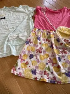 水色ストライプとピンクフルーツワンピース