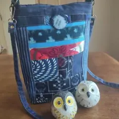 絣＋藍染＋印花布＋古布＋和柄はぎれコラボハンドメイドショルダーバッグリメイク