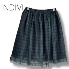 【インディビ】チュールスカート　シフォン　膝丈　プリーツ　チェック柄　グリーン