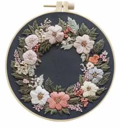 フランス刺繍キット☆大きめお花のリース　グレー