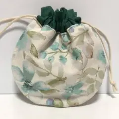 グリーンのエデン水彩花　 ミニ まんまる 巾着　ハンドメイド