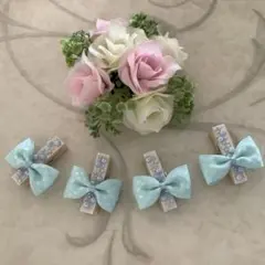 水色リボン付きヘアクリップ 4個セット