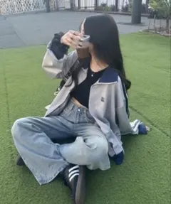 【nemne store】 ワンポイント刺繍トラックジャケット　グレー　M