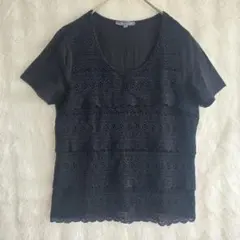 ローラアシュレイ レース トップス 黒 半袖 L 上品 きれいめ