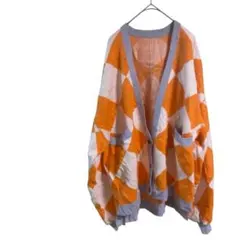 １点物✨ダイヤモンドパターン カーディガン オレンジ　白　グレー
