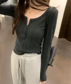 ZOZOTOWN リブカットニットソー トップス グレー ハーフボタン