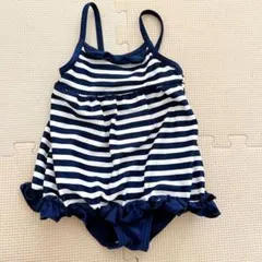 ベビー水着 女の子90cm ネイビーとホワイトのストライプ