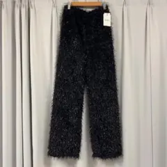 GRL ブラック　ラメフリンジカットロングパンツ　［dh1338］　黒　パンツ