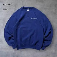 2370古着90年代RUSSELLスウェット刺繍ロゴ短丈太アーム茄子紺メキシコ製