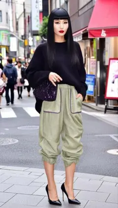 オリーブグリーン カジュアルパンツ（着物リメイク）