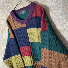 【個性派古着】昭和レトロ ケーブルニット M 総柄 マルチカラー アランニット