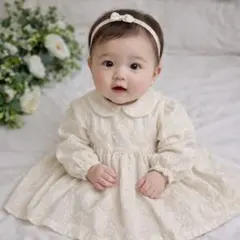 【ハンドメイド】90cmアイボリー 花柄刺繍 長袖ワンピース