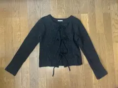 リボン付きダークグレー長袖カーディガン