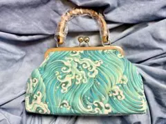 波模様 和装用バッグ がま口 ゴールドチェーン付き