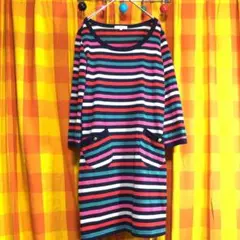 ナチュラルビューティ♡マルチカラー　ボーダー　7分袖　レトロワンピ