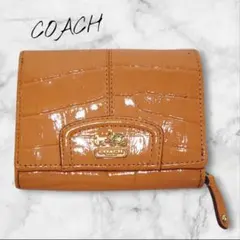 中古【COACH】コーチ エナメル クロコダイル型押し 二つ折り財布 ビーチ