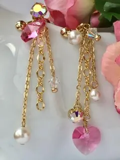 豪華!!ハート型スワロフスキー＆ダイヤのイヤリング♪(ローズ) ピンク