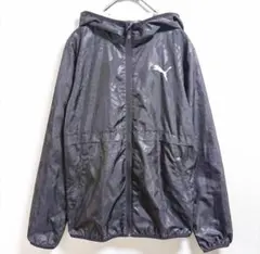 PUMA プーマ ナイロンジャケット 黒 総柄 フード付 ジップアップ メンズS