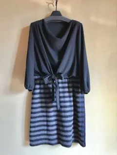 ウエストリボン付きひざ丈ワンピース8分袖Mサイズ