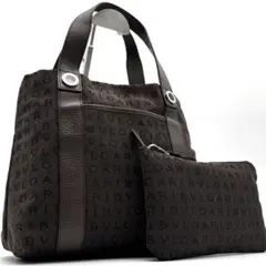 極美品 ブルガリ ハンドバッグ ロゴマニア ポーチ付 金具 ユニセックス 茶