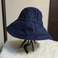 レディース 帽子 ハット つば広 ネイビー 58～60㎝ 紐取り外し可 紫外線