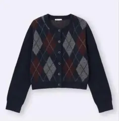 GU パフニットアーガイルクルーネックカーディガン ネイビー Mサイズ