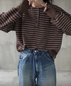 ブラウン/ホワイトストライプ 長袖トップス