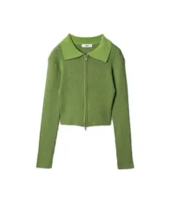 グリーン 襟付きリブニット