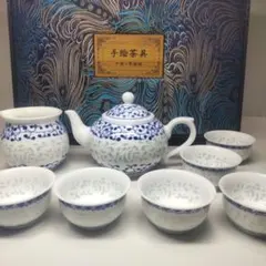 未使用 極美品 景徳鎮 青花磁茶器揃 透かし彫「福」 中国高級茶器 手絵茶具
