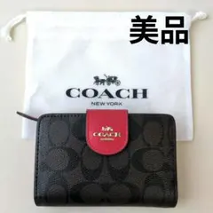 COACH コーチ 二つ折り 財布 PVC ブラウン レッド シグネチャー 美品