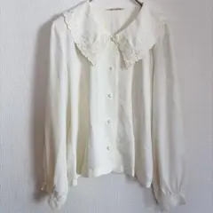 【日本製】ヴィンテージ 刺繍襟ブラウス 昭和レトロ 希少デザイン 白 M