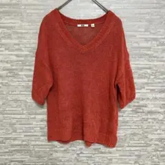 ユニクロ リネン100％ Vネック 半袖ニット M 春夏　オレンジ　赤