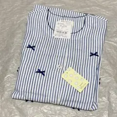 新品☆ナルエー 7分袖パジャマ Wガーゼ M〜L☆ストライプ リボン ネイビーのサムネイル