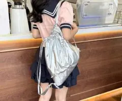 シルバー ナイロン ドローストリングバックパック　ナップサック　韓国ファッション