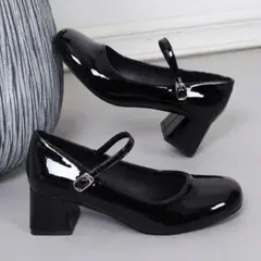 パンプス レディース ブラック ストラップ ヒール ラウンドトゥ