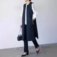 ネイビー　ジレ　ロングジレ　パール　卒業式　入学式　おしゃれ　上品　スーツ