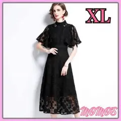 新品✨XLサイズ　花柄　総レースワンピース　ブラック　フォーマルドレス　結婚式