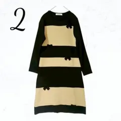 ギャラリービスコンティ ボーダー リボン 膝丈ワンピース ブラック ベージュ 2