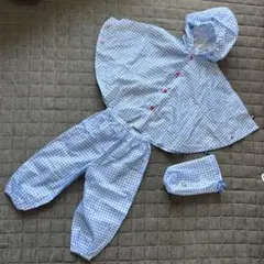 水色チェック ベビーレインコート 90cm