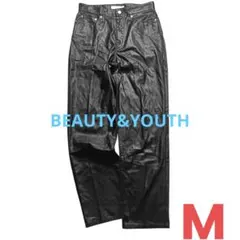 ビューティーアンドユース ストレッチ フェイクレザーパンツ ストレート 黒