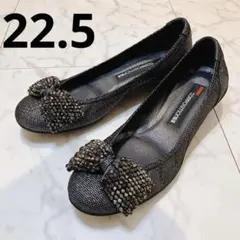 コンポジション9 ビジュー付きリボン ブラック フラットシューズ 22.5 美品